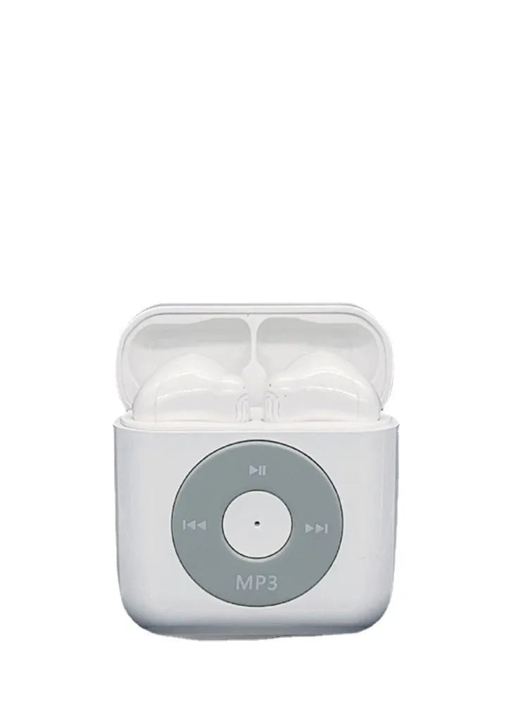 White wireless Bluetooth earphones with charging case showing semi in-ear design