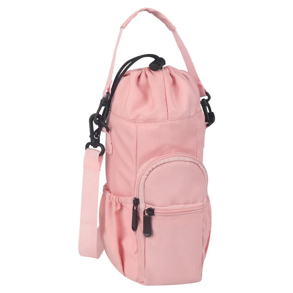 Cloth water bottle pouch crossbody bag in black, green, or pink colours with an adjustable strap.