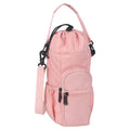 Cloth water bottle pouch crossbody bag in black, green, or pink colours with an adjustable strap.
