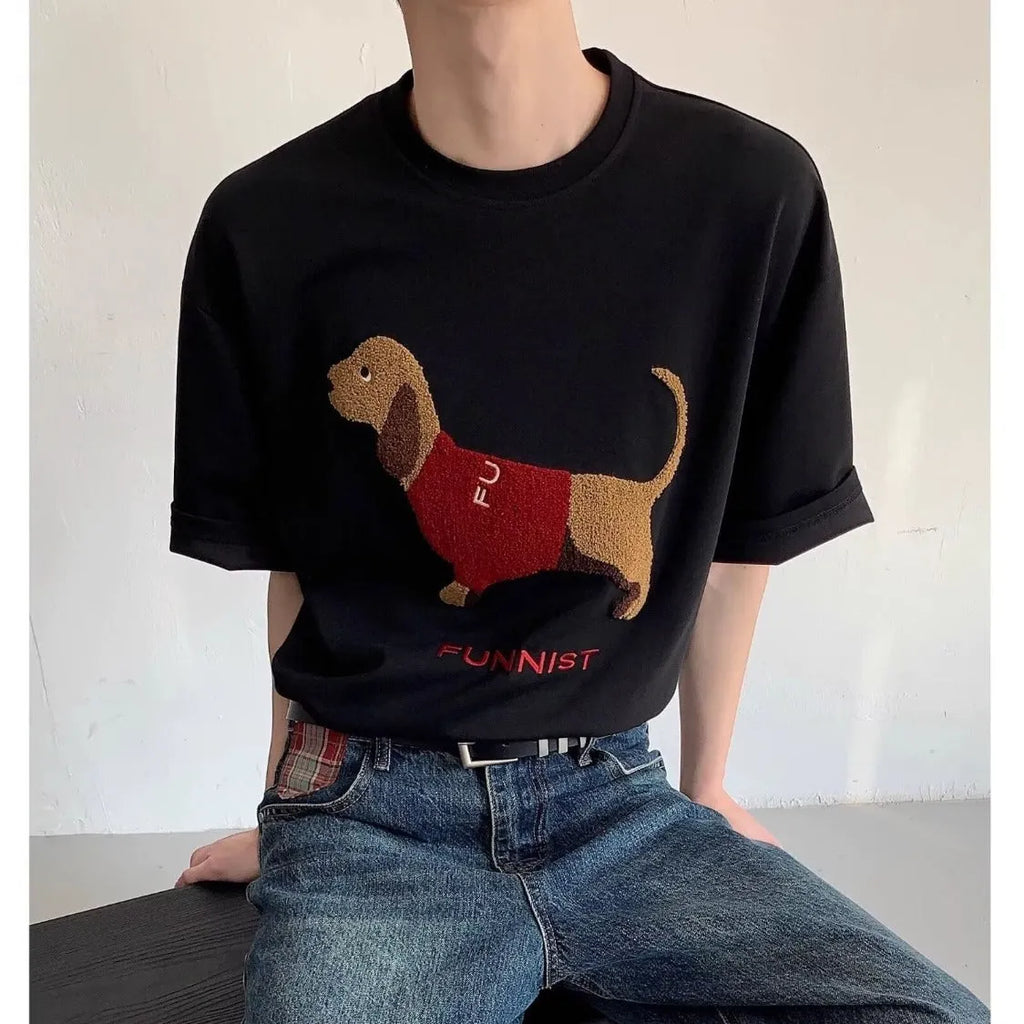 Grey men's cotton t-shirt with a detailed embroidered sausage dog design on the chest.