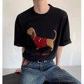 Grey men's cotton t-shirt with a detailed embroidered sausage dog design on the chest.