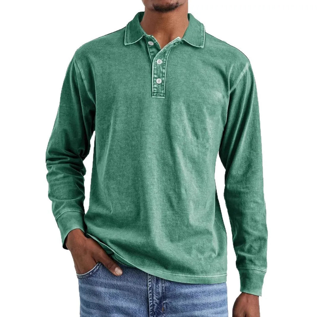 Retro washed distressed pure cotton long sleeve polo shirt with lapel collar in Army Green