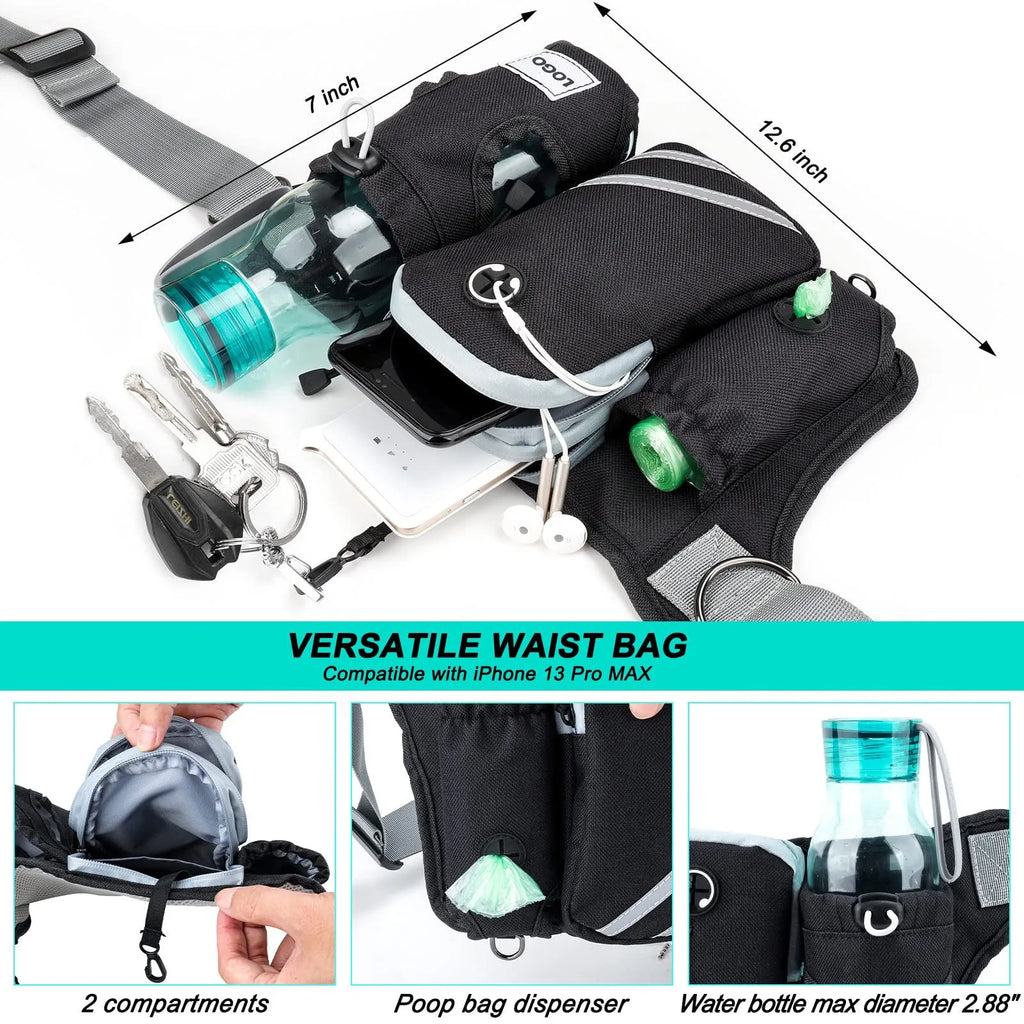 Black waterproof nylon pet training bag and dog walking leash set for outdoor sports