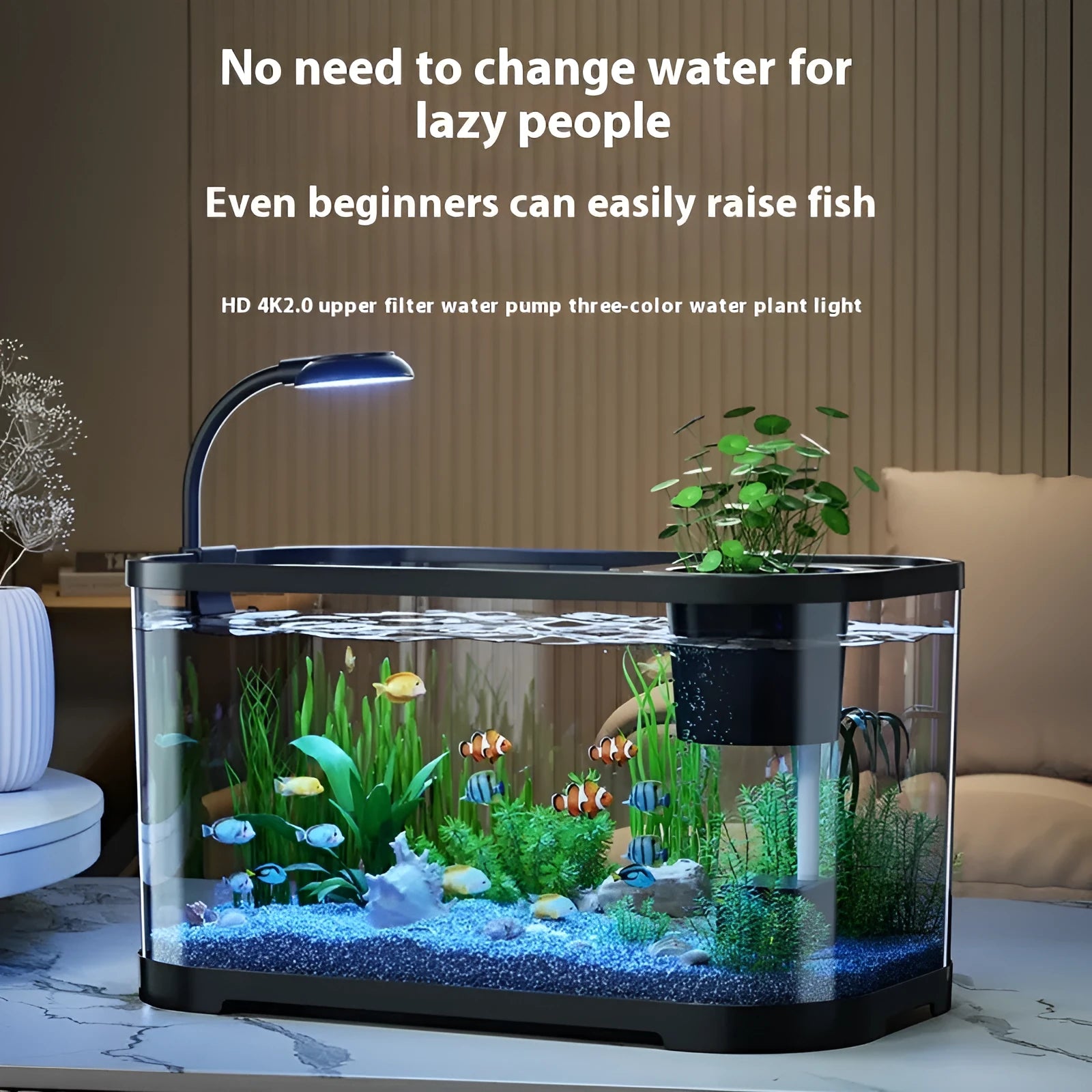 Desktop smart fish tank with integrated filter system in luxury black or white finish