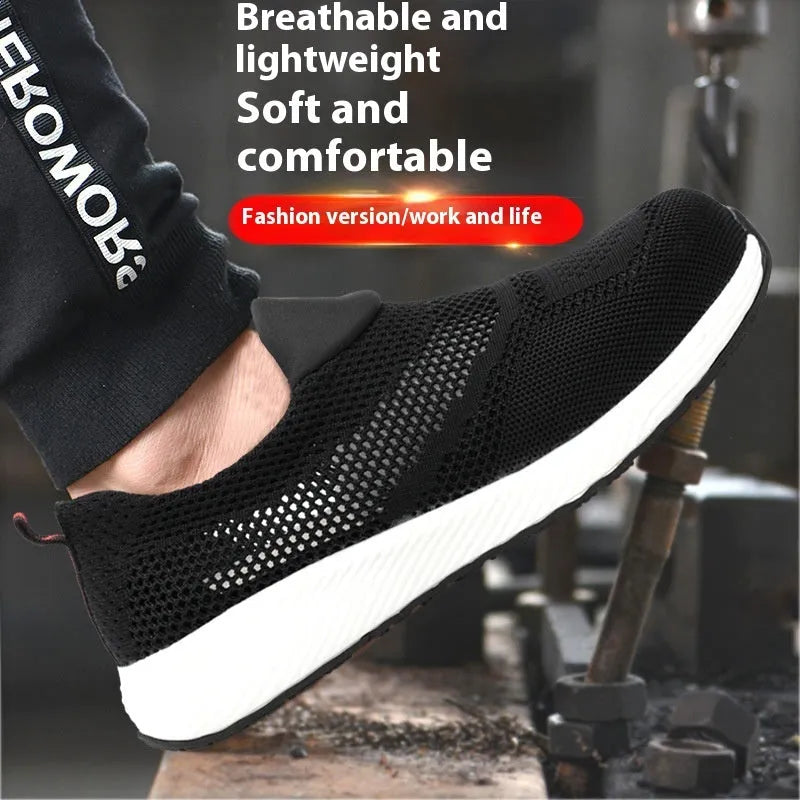 Men's lightweight steel toe work shoes with mesh upper in black colour