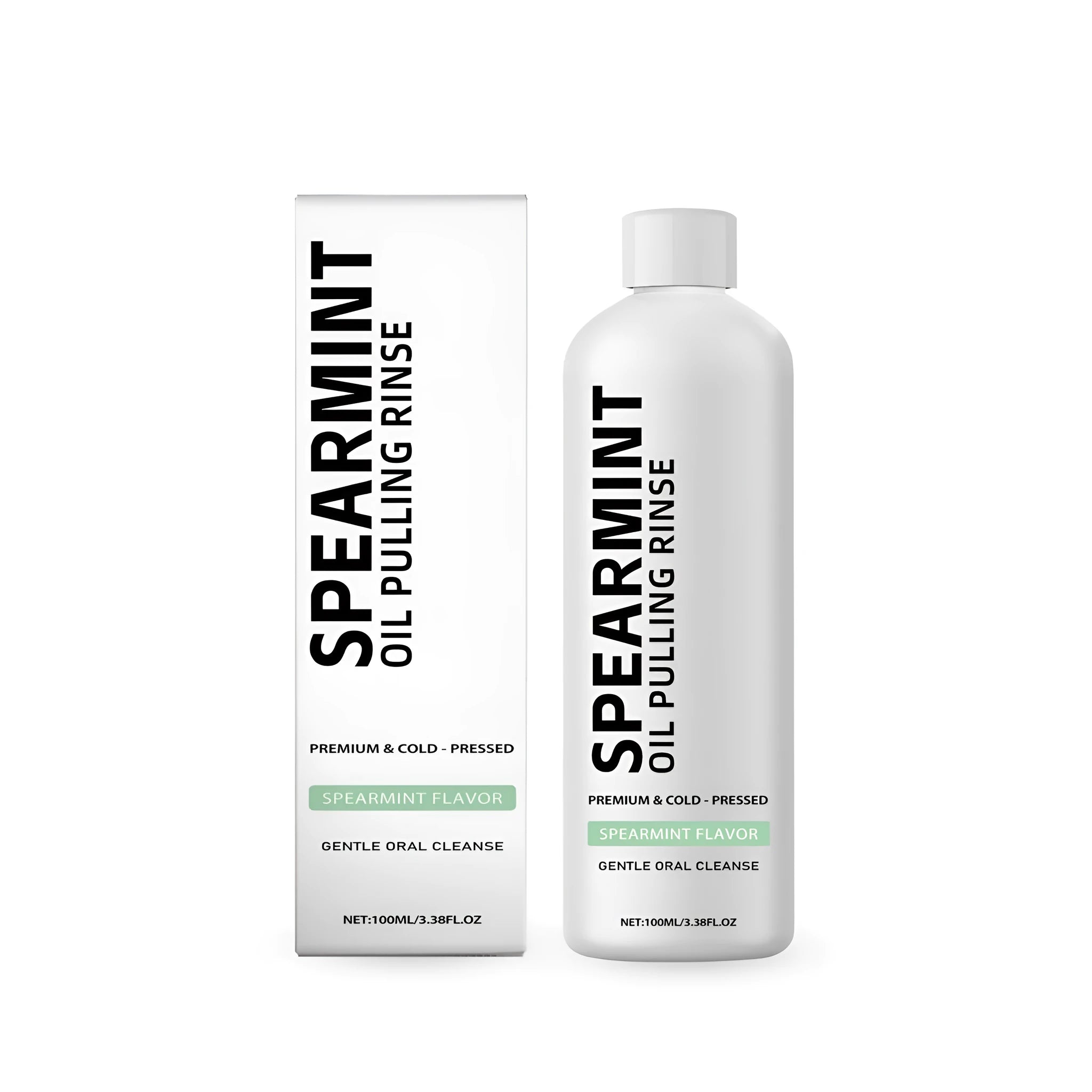 100ml bottle of spearmint oil pulling mouthwash with clove and peppermint oils