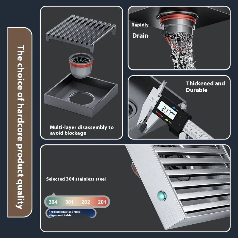 Gun grey 304 stainless steel courtyard deodorant floor drain measuring 15x15 cm