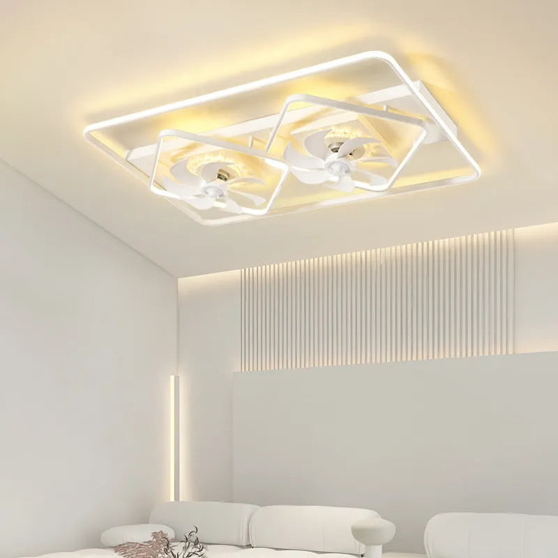 Thin suction ceiling fan lamp with acrylic shade and plastic blades, 1100x700mm dimensions