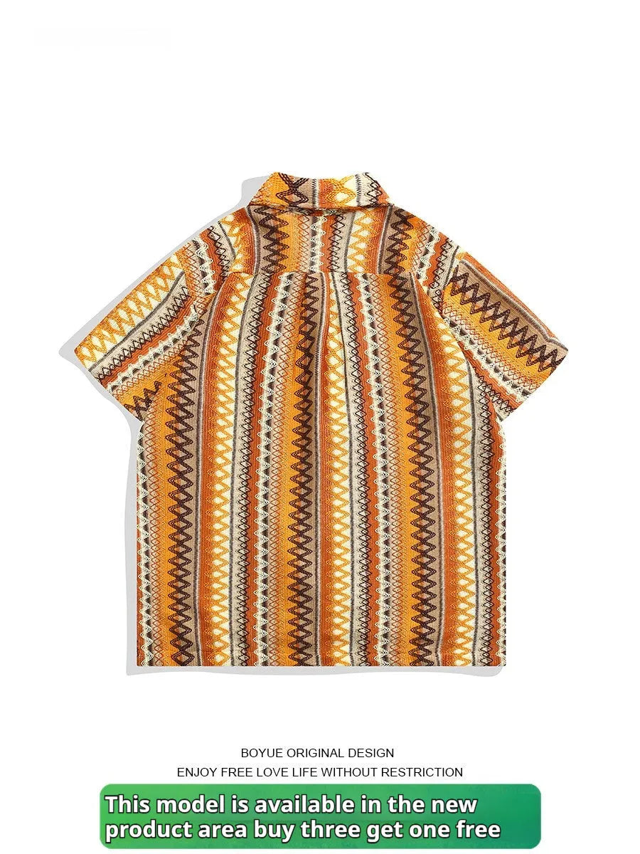 Ethnic style woven Cuban collar shirt with contrasting colours, loose fit, and short sleeves.