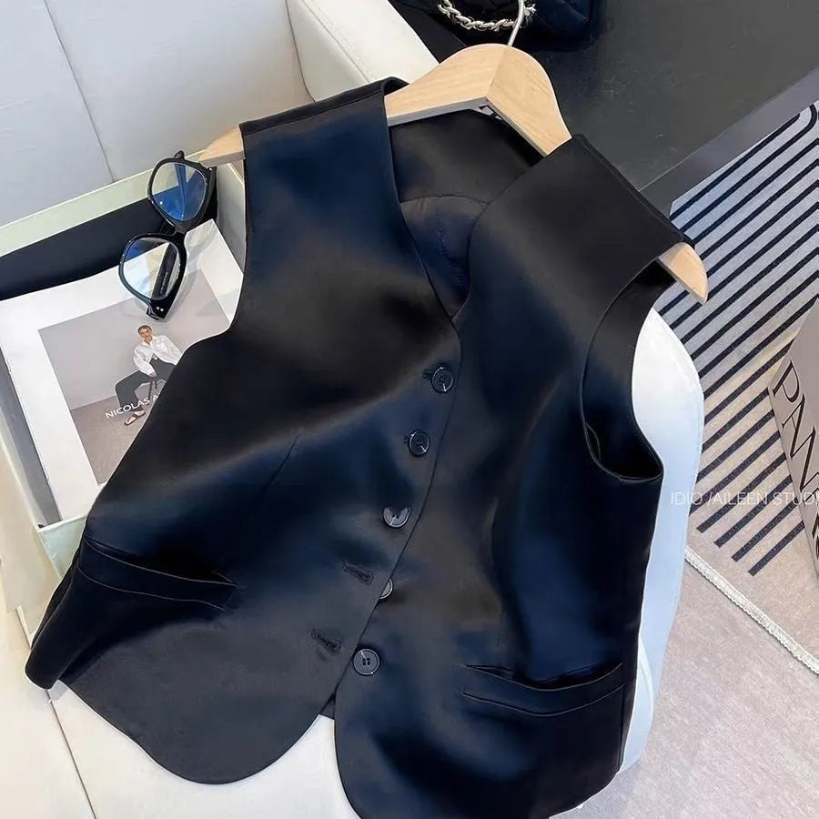 Black satin ladies sleeveless vest with loose fit and normal length for casual all-matching outfits