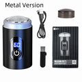 Black portable USB rechargeable shaver with cleaning brush and protective cover.