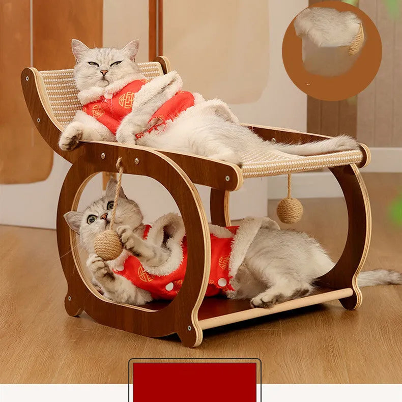 Solid wood cat scratching mat with sisal surface in walnut colour, designed as a recliner bed.