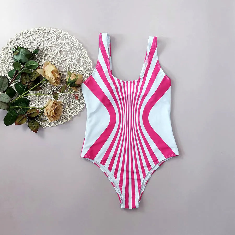 Pink striped women's one-piece swimsuit with digital printing front and back