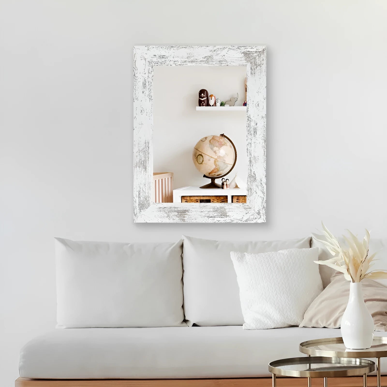 Little White wall-mounted bathroom mirror with pastoral style MDF frame in retro new Chinese design