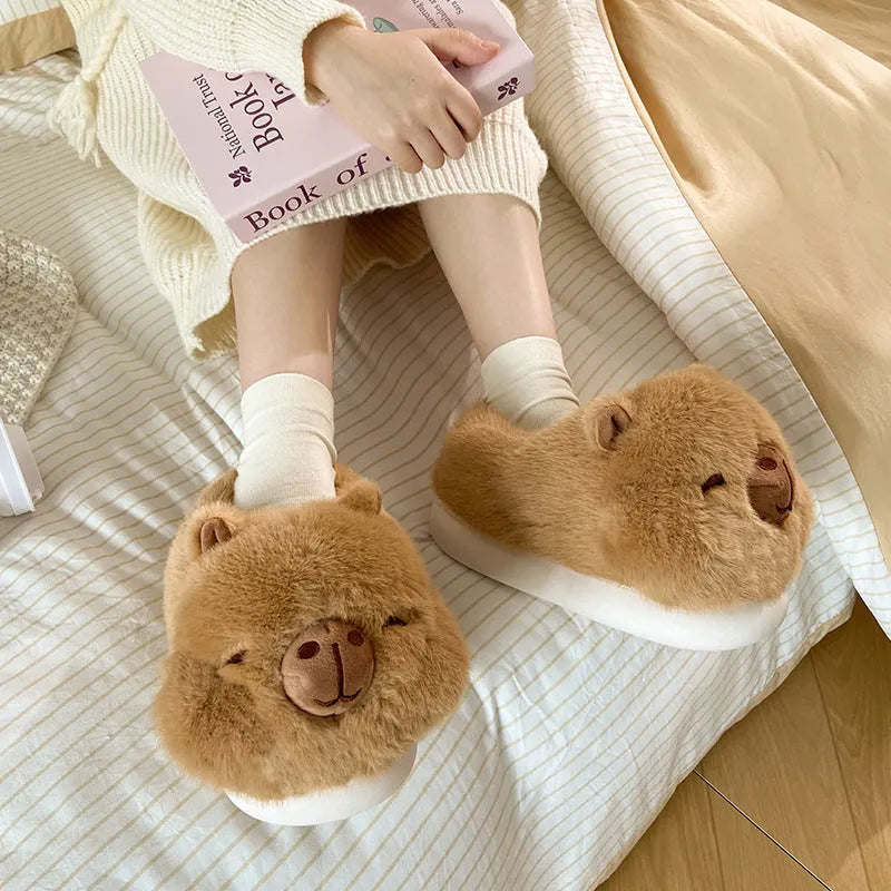 Light brown women's plush winter slippers with cartoon pattern, artificial wool lining and PVC soles