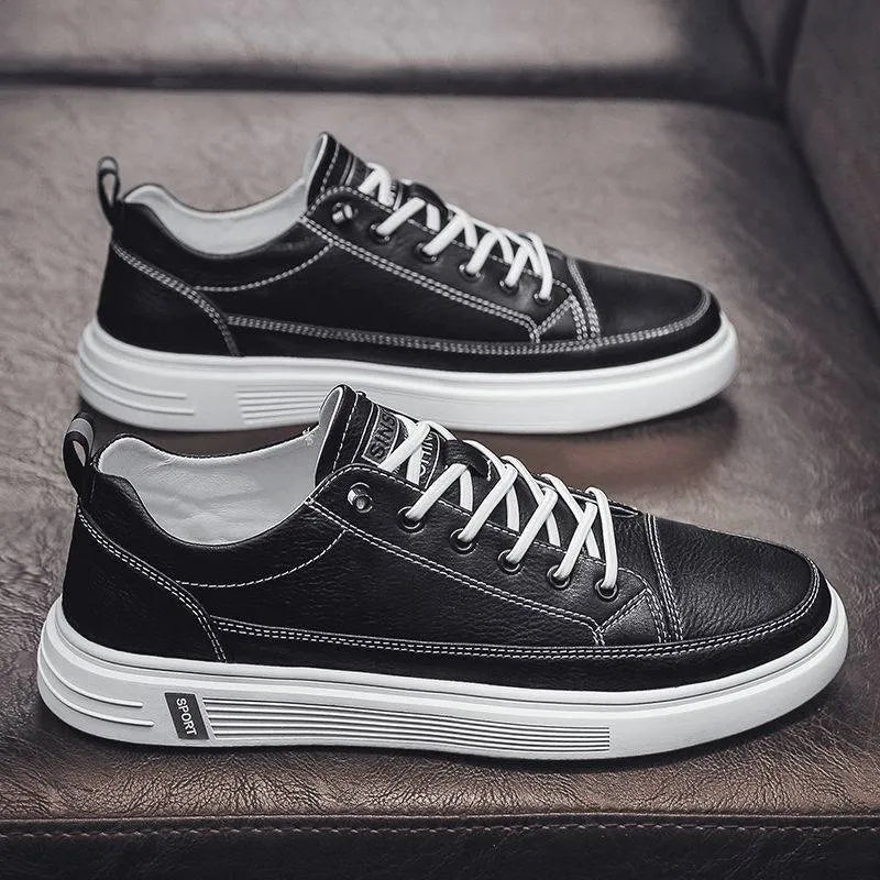 Men's white casual shoes with flat sole and round toe Korean style design