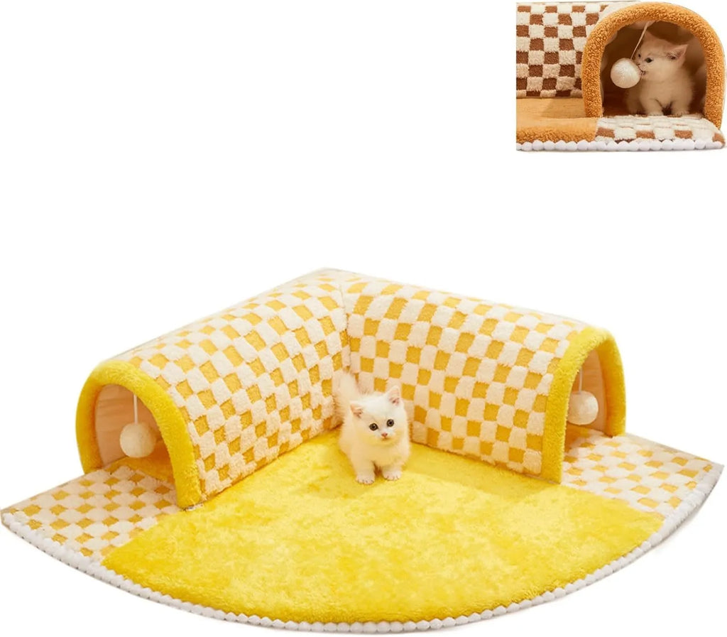 Brown plaid cat tunnel bed with central mat showing collapsible tunnel tube and non-slip bottom