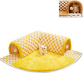 Brown plaid cat tunnel bed with central mat showing collapsible tunnel tube and non-slip bottom