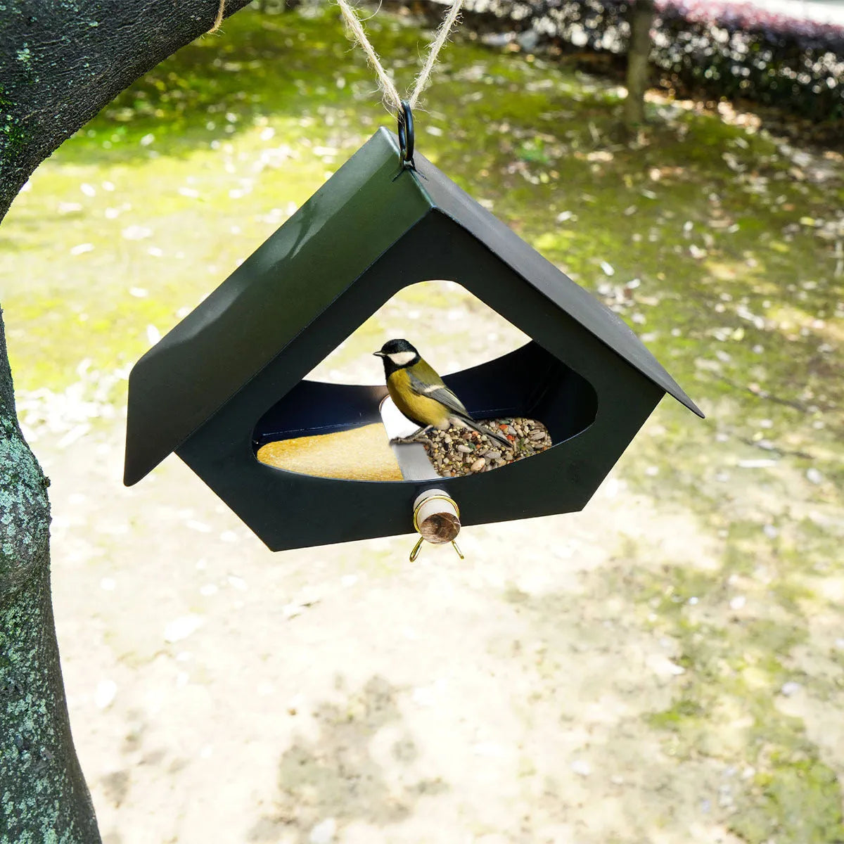 European-style iron bird nest feeder in garden setting with modern simple design