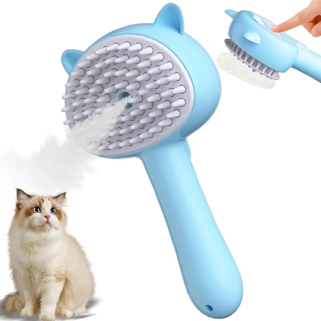Blue cat steam brush with ergonomic handle and rubber bristles for pet grooming