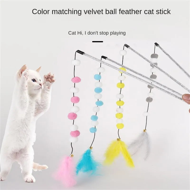 Grey, yellow, and blue cat teaser toy rod with feather, pompon, and bell measuring 31cm.