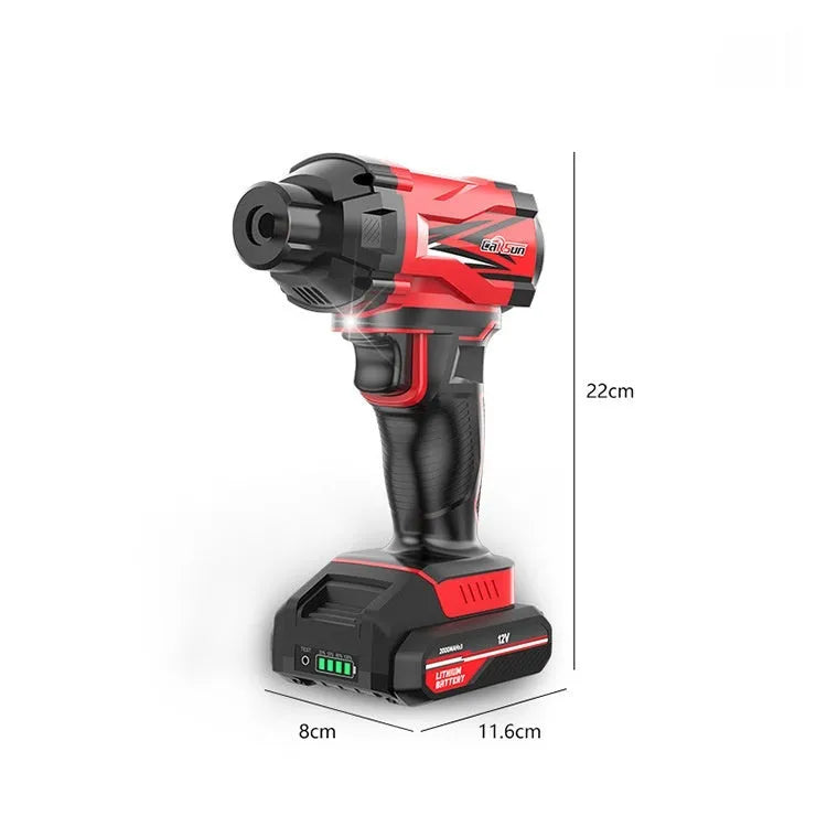 Red and black portable car air pump with digital display, power cable, and set of inflation nozzles on a grey background.