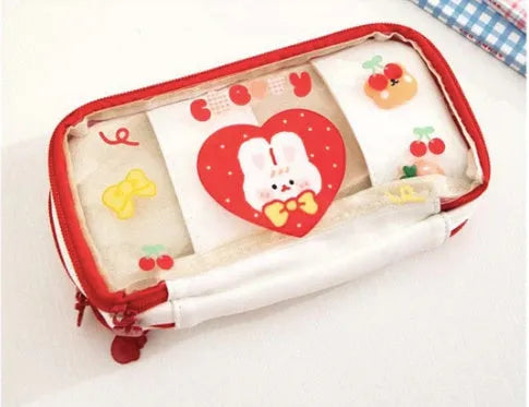 Transparent Japanese pen bag with cute rabbit design in pink and red colour options