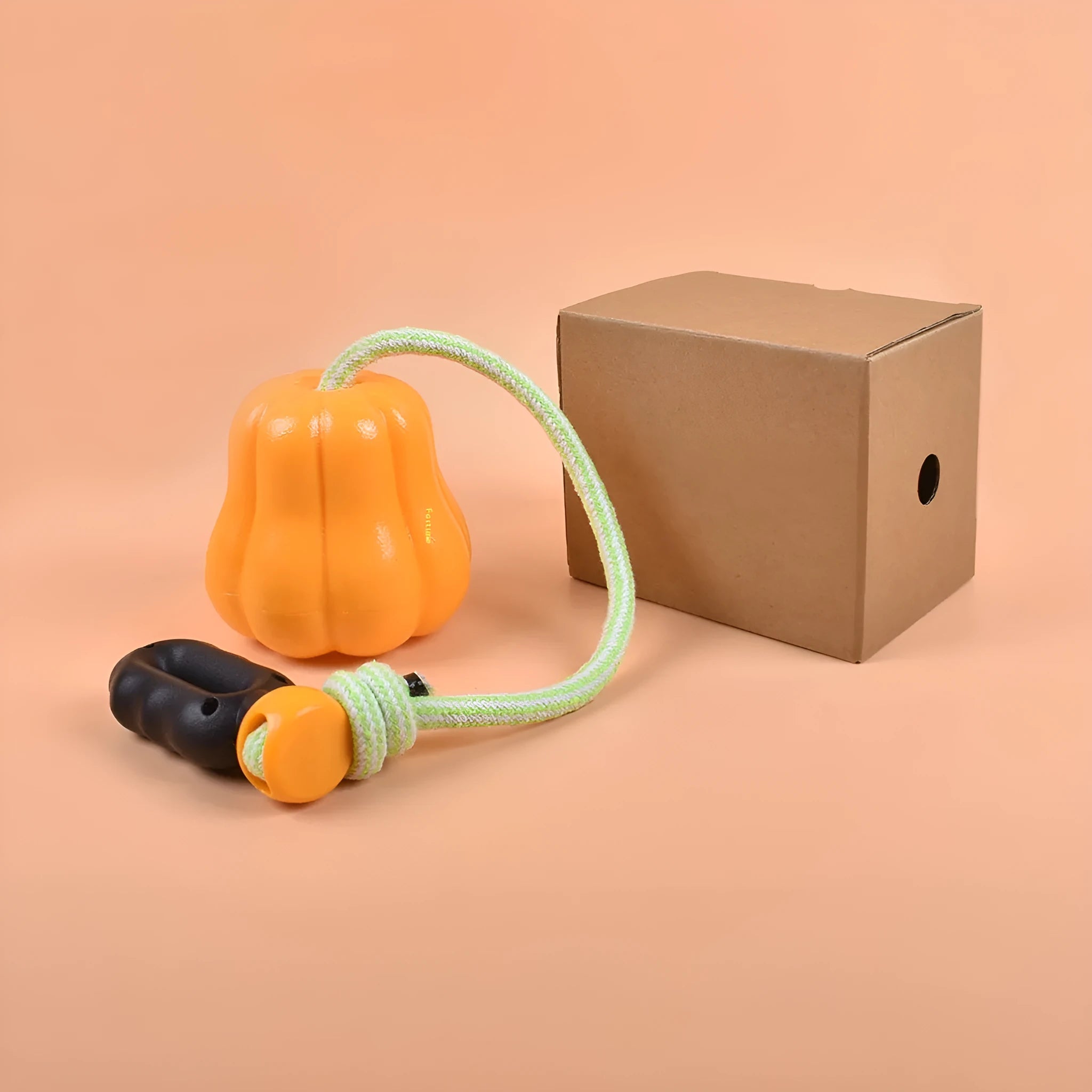 Pumpkin coloured plastic dog chew toy with an attached rope for tugging and fetching.