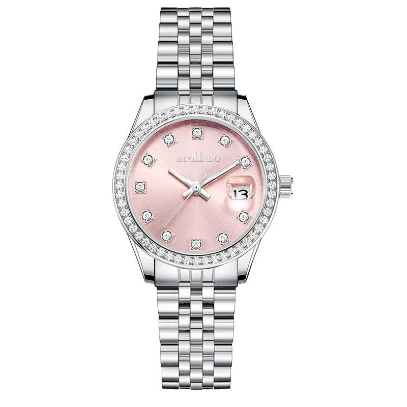 Women's silver calendar watch with circular dial and stainless steel buckle on alloy strap