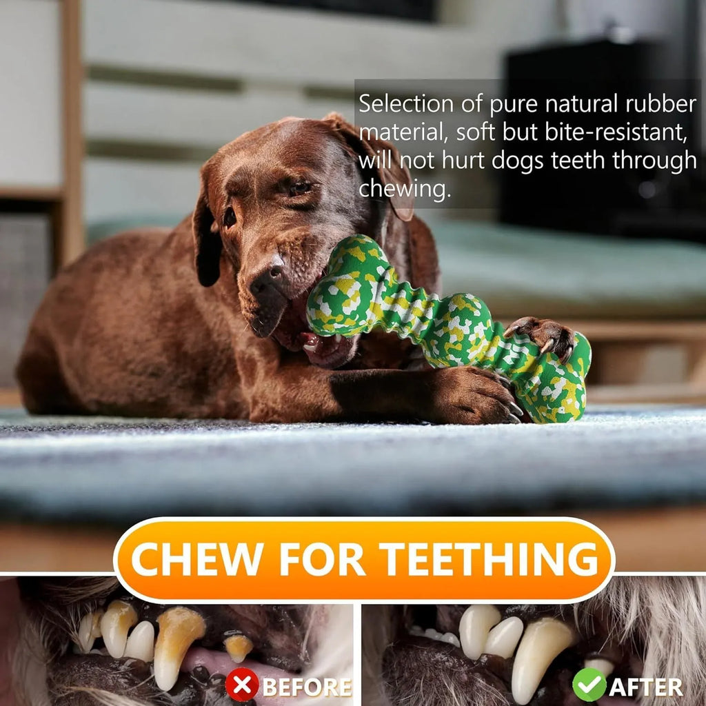 Green, white, and yellow camouflage pattern natural rubber bone-shaped dog chew toy