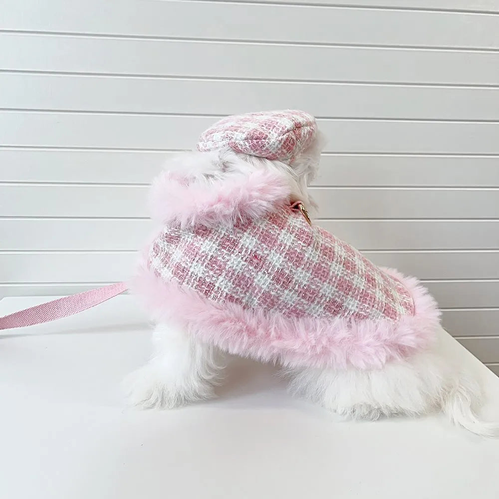 Pink polyester cat costume with beret, cloak featuring hand-holding rope design, and a drawstring for traction.