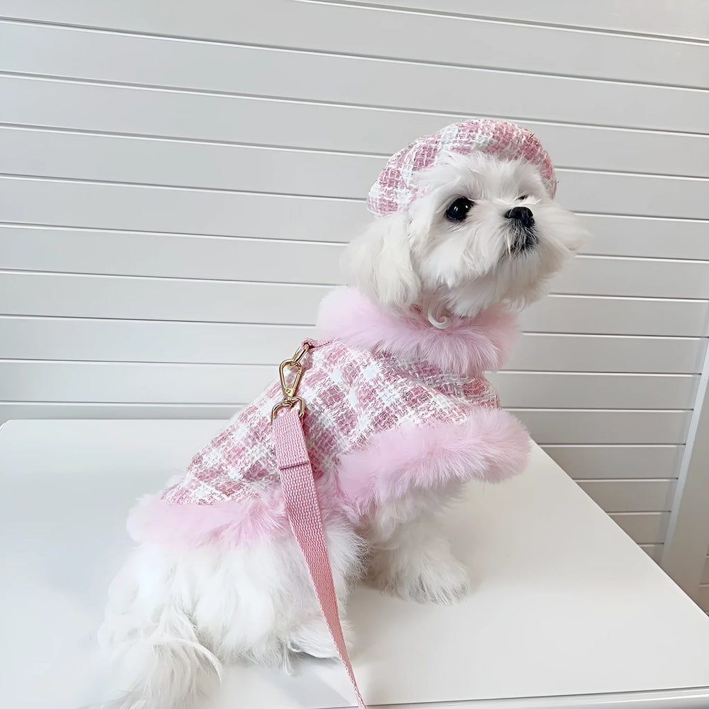 Pink polyester cat costume with beret, cloak featuring hand-holding rope design, and a drawstring for traction.