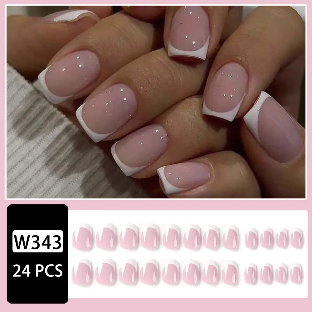 White fake nails with plaid pattern, 24 pieces per box ready for application