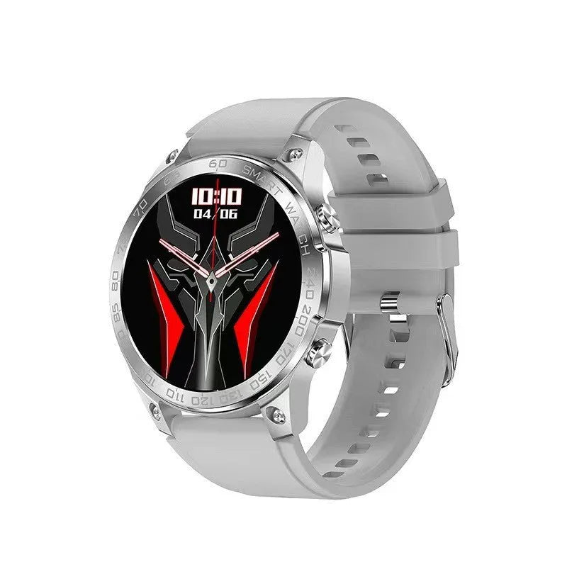 Bluetooth sports watch with round AMOLED display and silicone strap showing heart rate monitoring and call functions