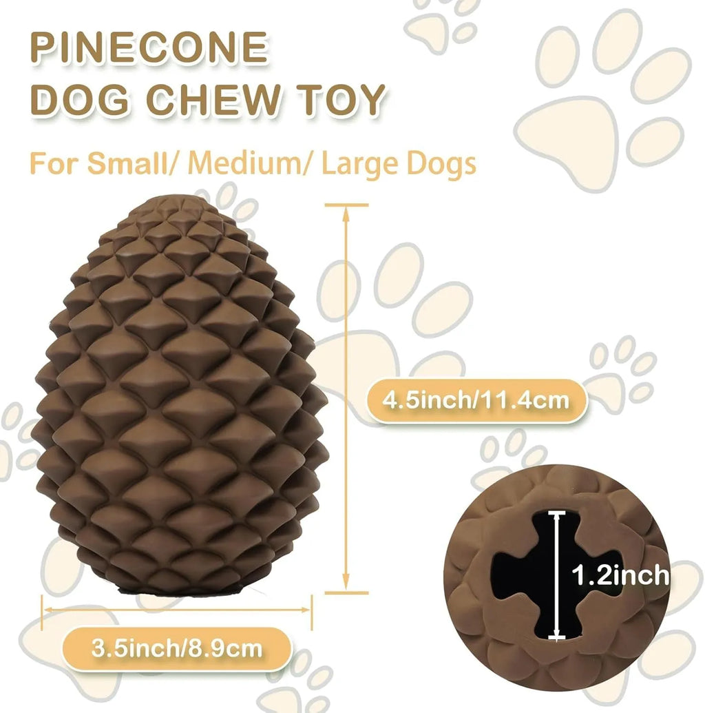 Yellow pine cone-shaped natural rubber dog chew toy with textured surface and treat dispenser hole.