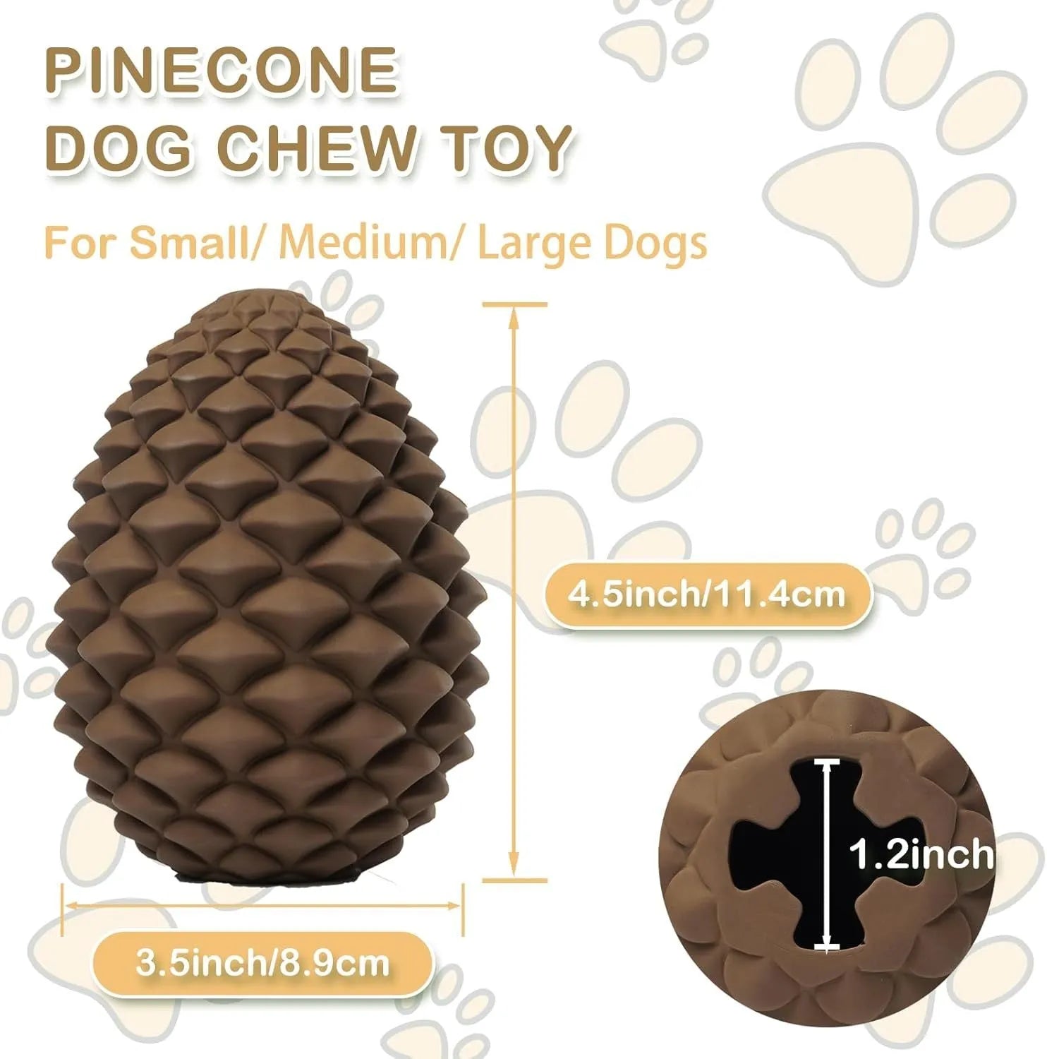 Yellow pine cone-shaped natural rubber dog chew toy with textured surface and treat dispenser hole.
