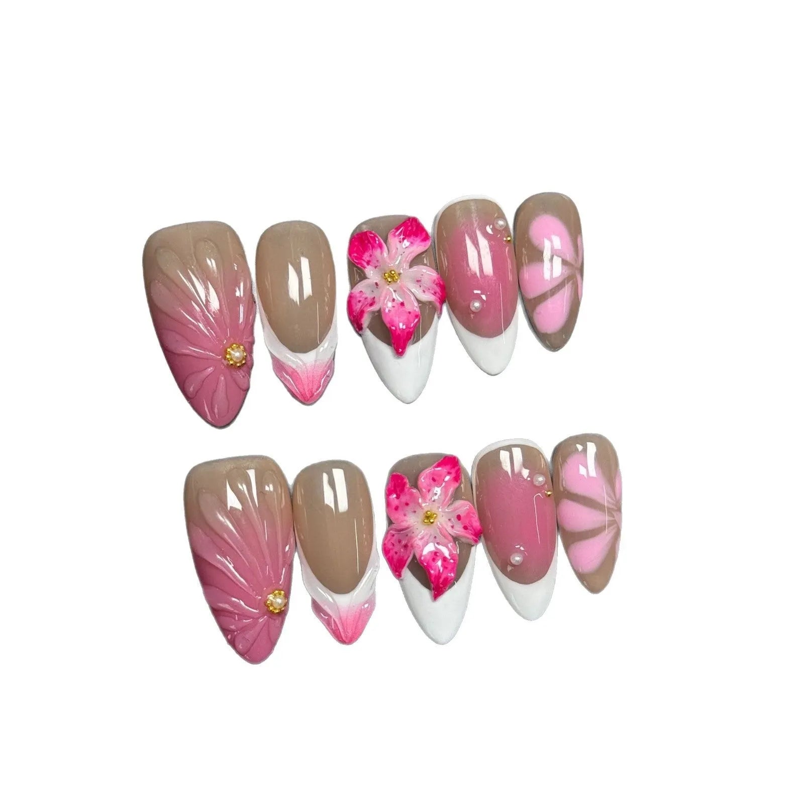 French style manicure set with three-dimensional lily and fluid ice flower plastic decorations