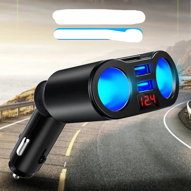 Black car Bluetooth FM transmitter MP3 player with USB ports plugged into cigarette lighter socket