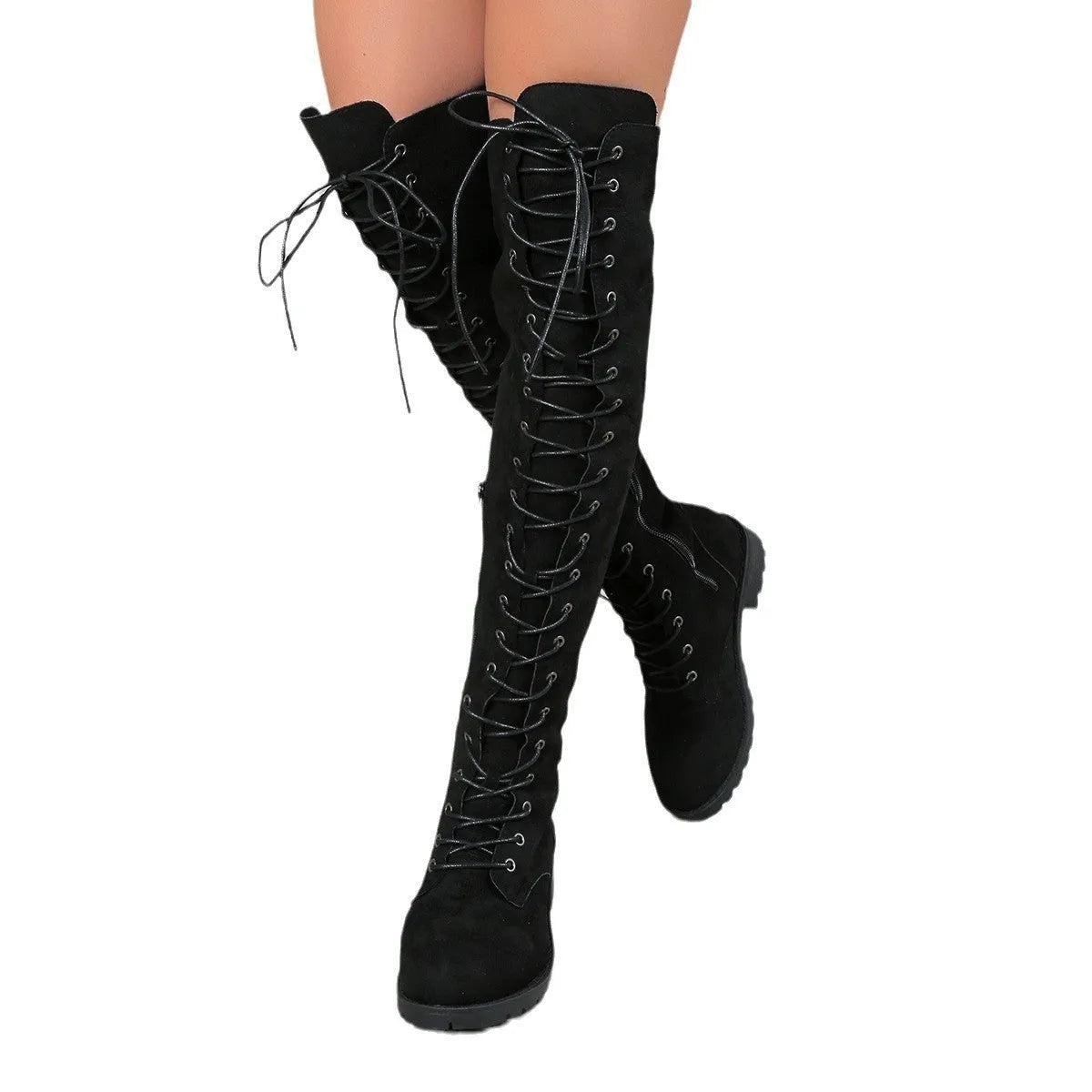 Black women's lace-up over the knee boots with round toe and flat rubber sole on a neutral background.