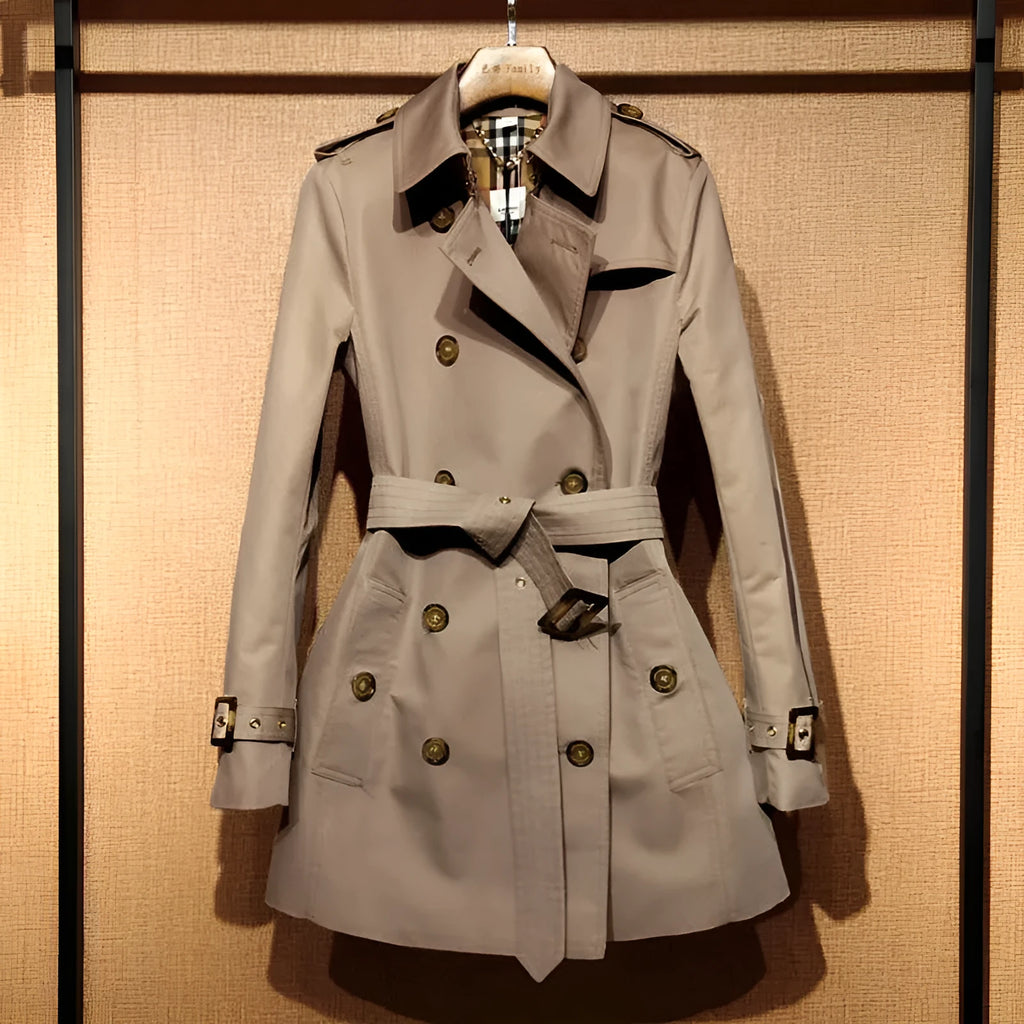 Khaki women's trench coat with double-breasted British styling and flight sleeves