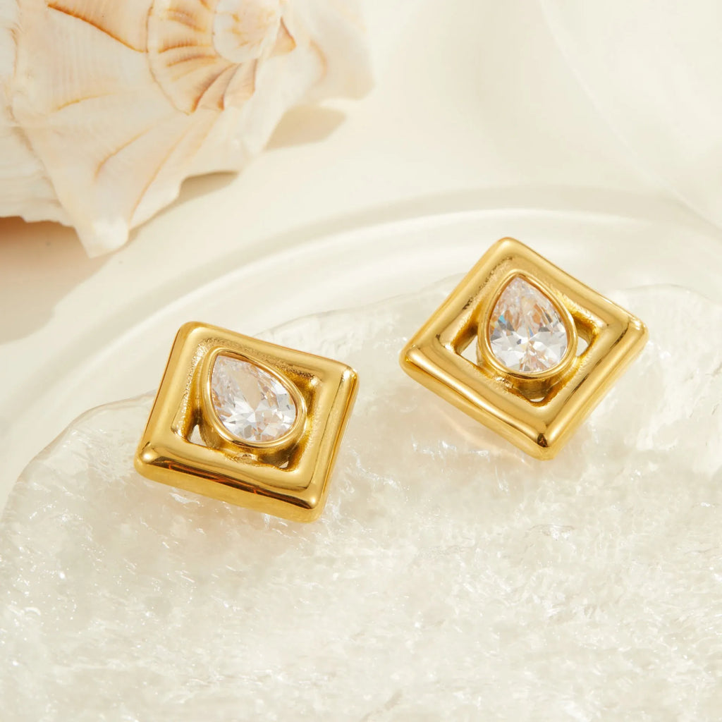Gold geometric water drop zircon stud earrings with 18K electroplated finish