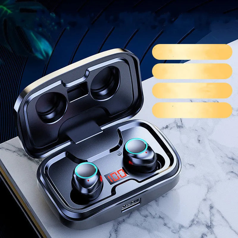 Black wireless in-ear earphones with Bluetooth 5.0 shown alongside red and blue colour variants.