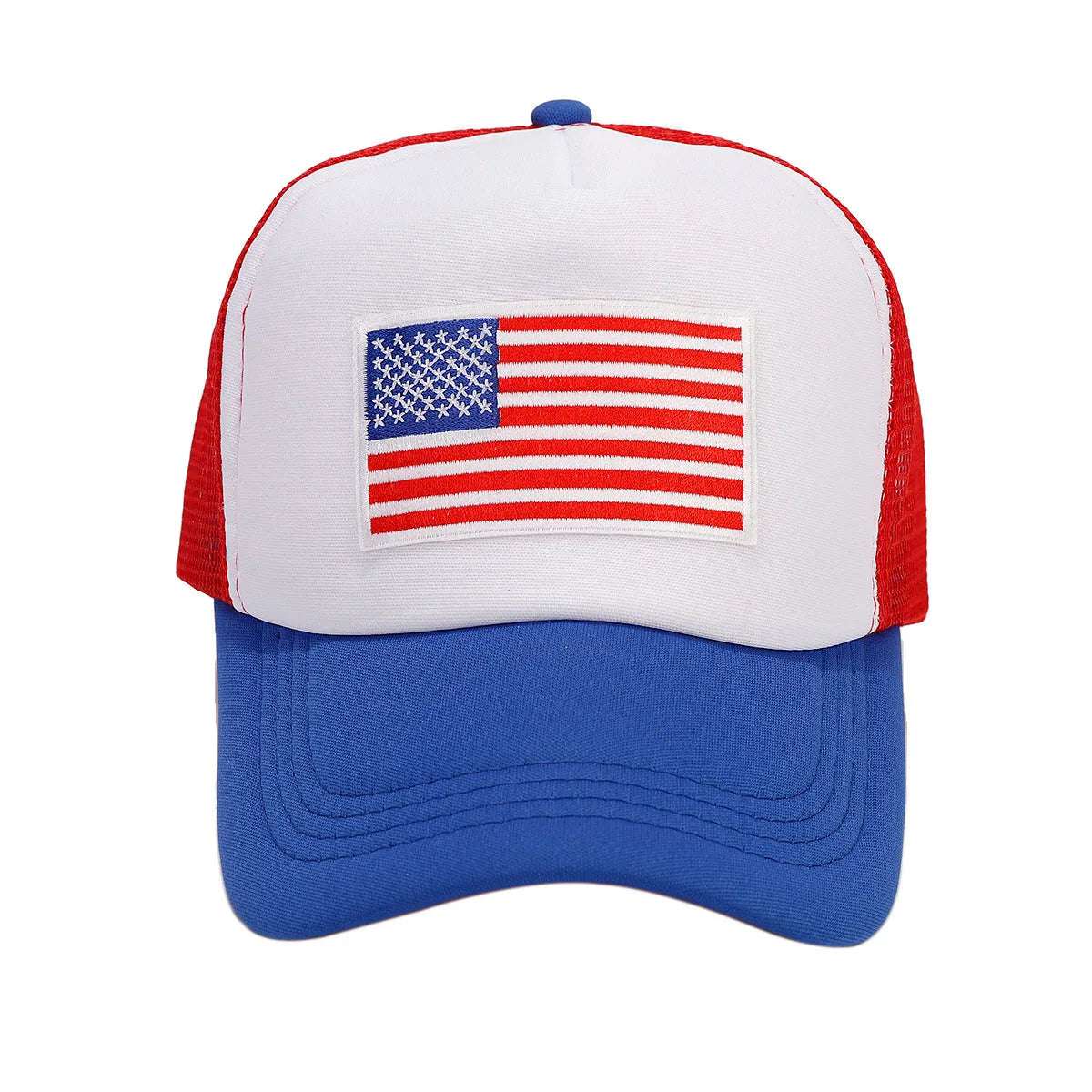 Red and blue contrast mesh baseball cap with adjustable back closure