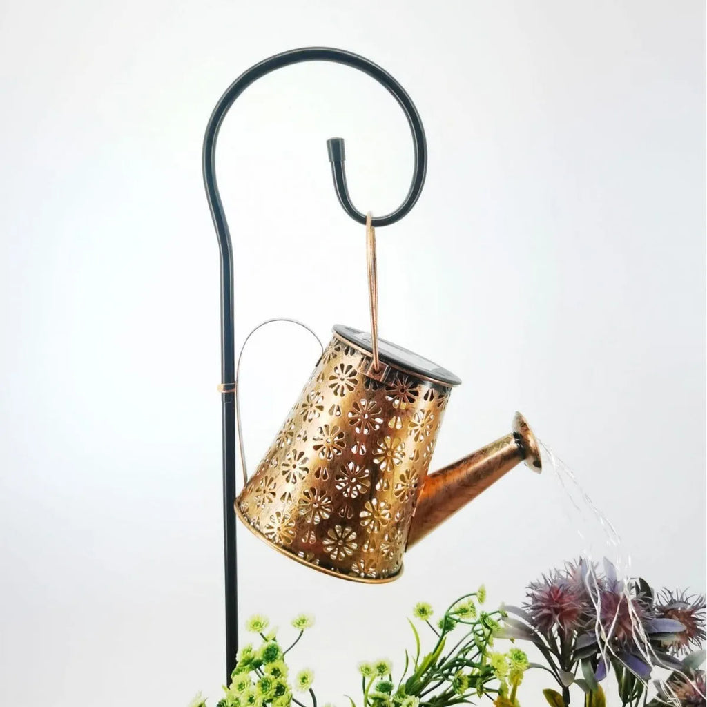 Solar-powered wrought iron kettle light with butterfly design for outdoor courtyard decoration