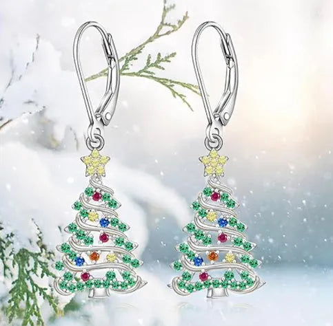 Christmas tree earrings with star pendant in E4318 white gold colour on copper for women