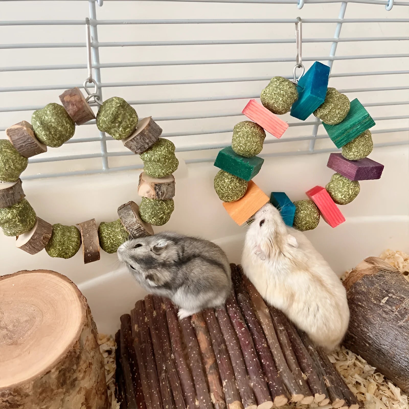 Hamster toy with straw ball ring and applewood chew rod for small pets