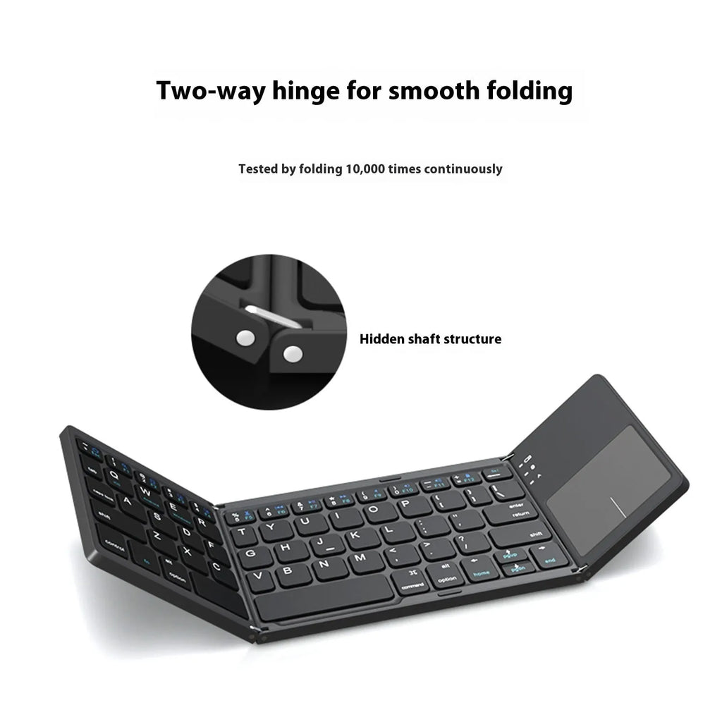 Folded and unfolded views of a black tri-fold portable Bluetooth keyboard on a table.