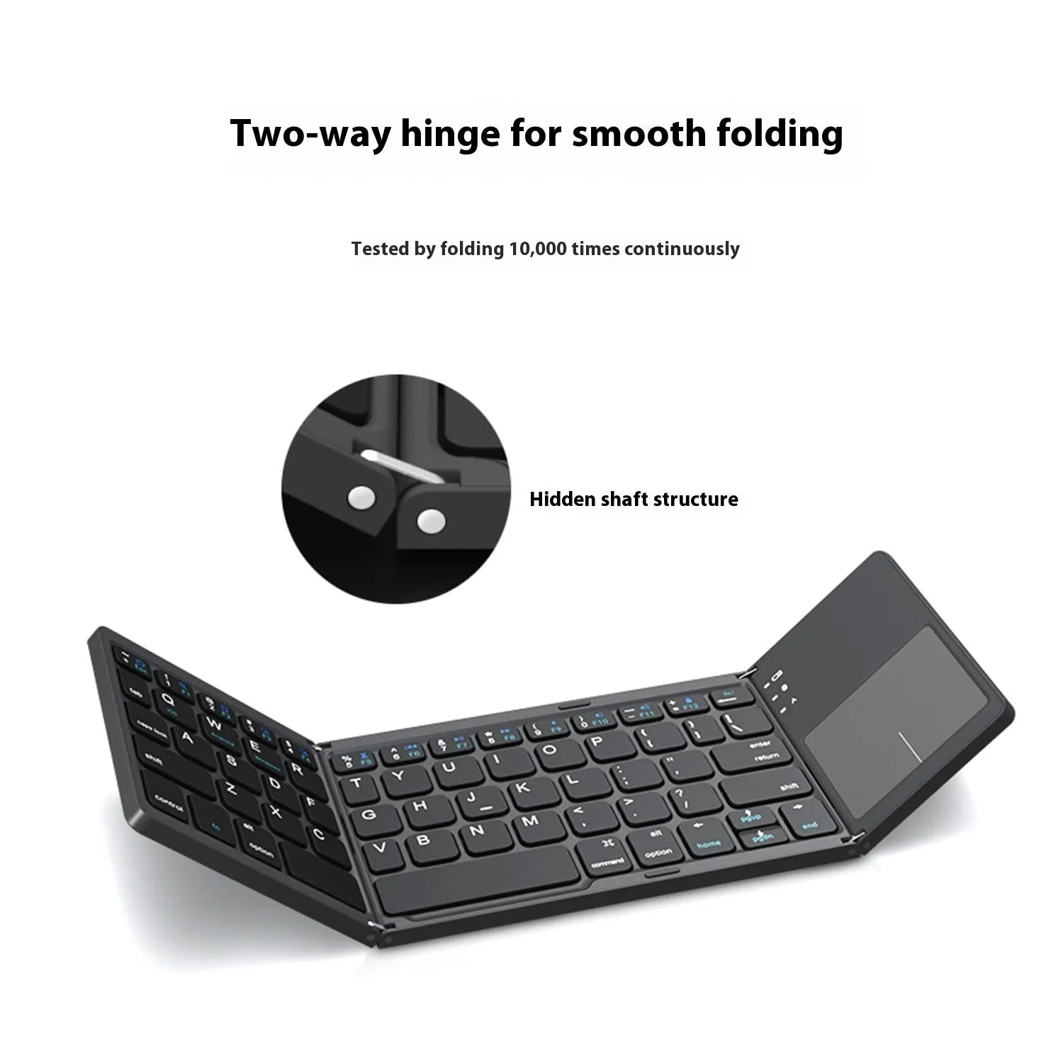 Folded and unfolded views of a black tri-fold portable Bluetooth keyboard on a table.