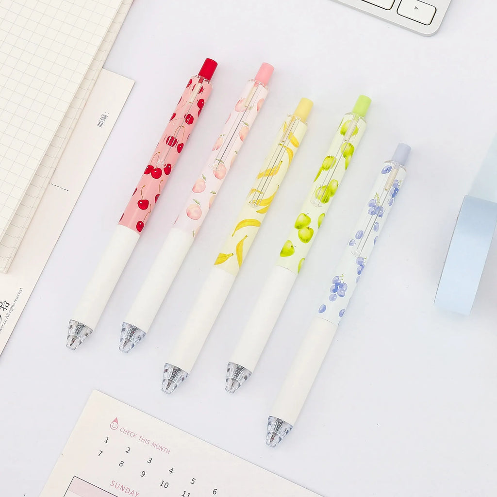 Three fruit-scented gel ink pens with 0.5mm black refills and press-action click mechanism