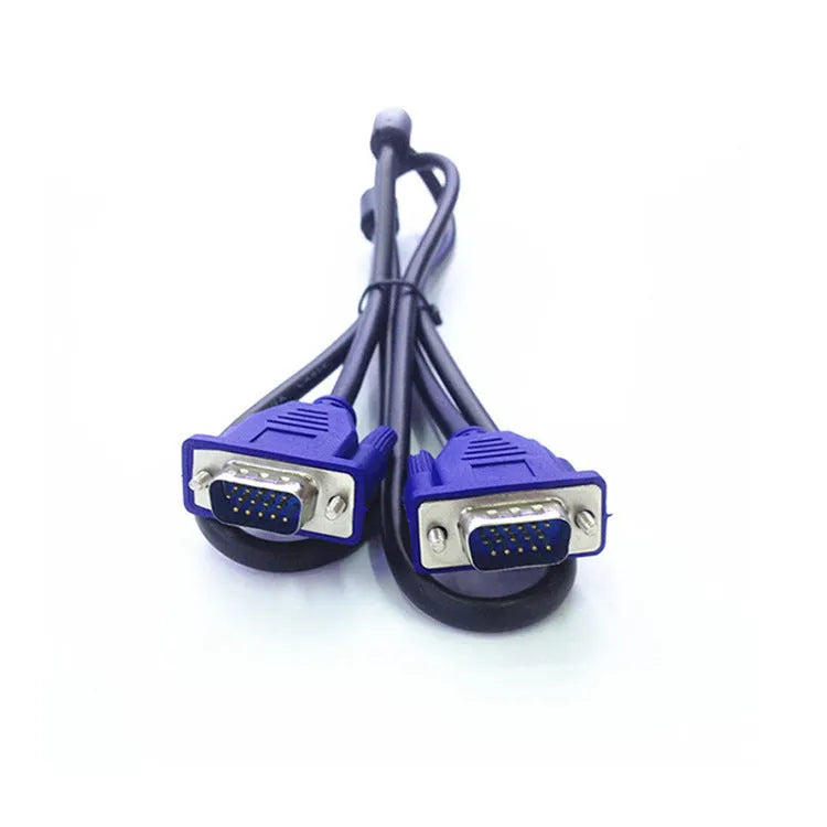 Black VGA video cable with blue connector heads and nickel-plated terminals, length 1.5m